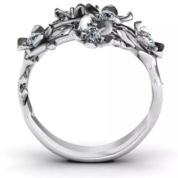 Plum Blossom Silver Flower Ring with Cubic Zirconia Stones Multiple Sizes Avail - Picture 5 of 5